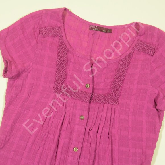 Prana Lucie Top Womens XS Magenta Pink Gauze Button Down Embroidered - Picture 1 of 6